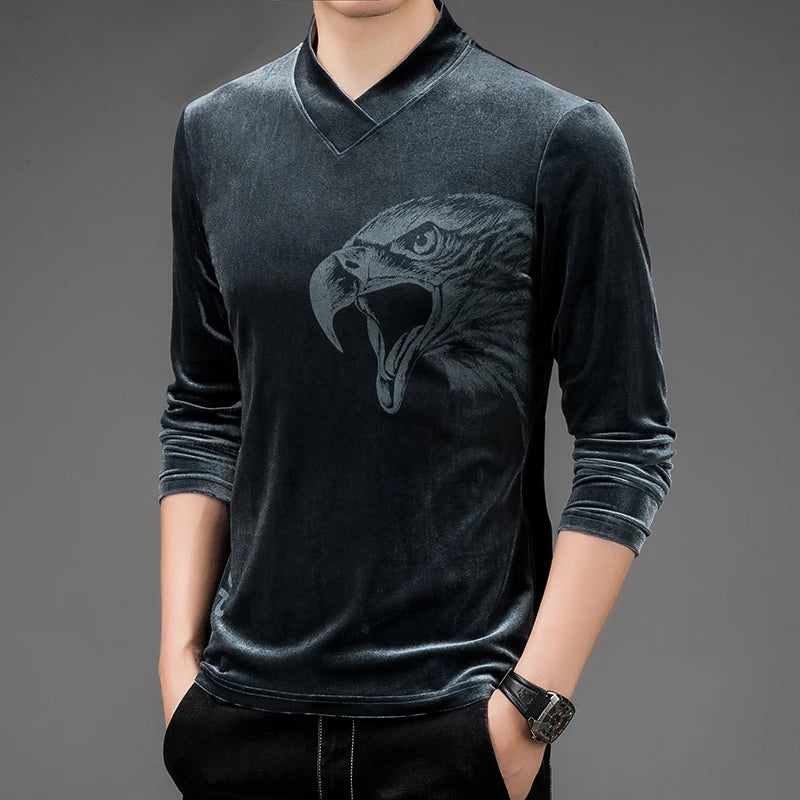 New T-Shirt Men Luxury Gold Velvet V-Neck Tee Shirts Spring Full Sleeve Camisa Masculina Casual Tops Tees Men Clothes T1145