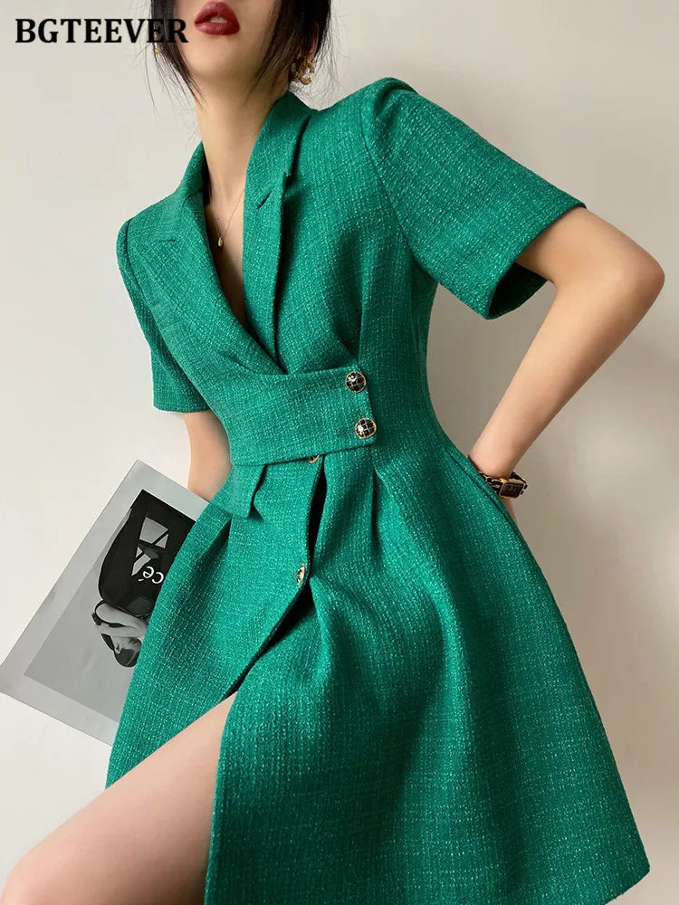 BGTEEVER Summer Elegant Notched Collar Short Sleeve Women Short Dress Stylish Single-breasted Slim Waist Female A-line Dresses