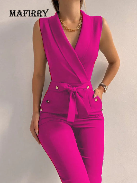 New Solid Casual Women Summer Jumpsuits V-Neck Lace-Up Sleeveless Wide Leg Pants Button Ladies Bodysuits Streetwear Dropshipping