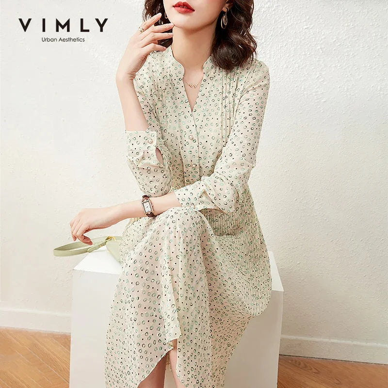 VIMLY Chiffon Midi Dress for Women 2023 Autumn Fashion V Neck Elastic Waist Floral Print Pleated Elegant Dresses Female Vestidos