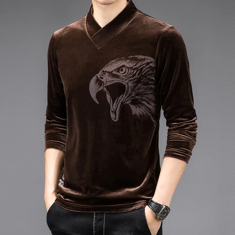 New T-Shirt Men Luxury Gold Velvet V-Neck Tee Shirts Spring Full Sleeve Camisa Masculina Casual Tops Tees Men Clothes T1145