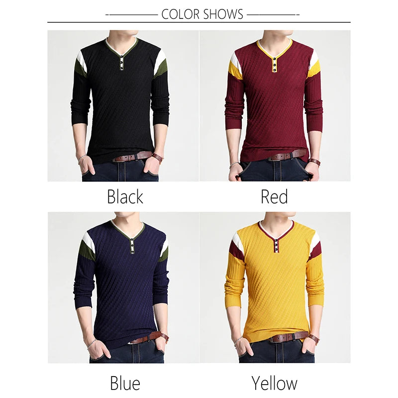 BROWON Brand-sweater Autumn Men's Button V-collar Slim Sweaters Men Elastic Knitted Sweaters Knitted Pullover Men Knitted