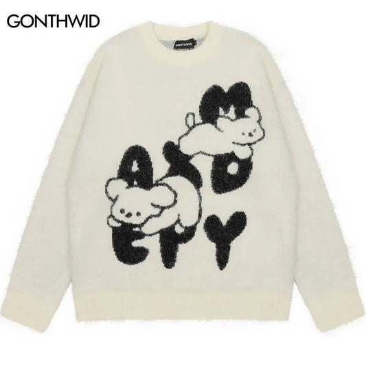 Harajuku Dog Sweater Streetwear Men Knitted Funny Cartoon Jumper Y2K Harajuku Fashion 2023 Loose Fluffy Fuzzy Pullover Sweaters