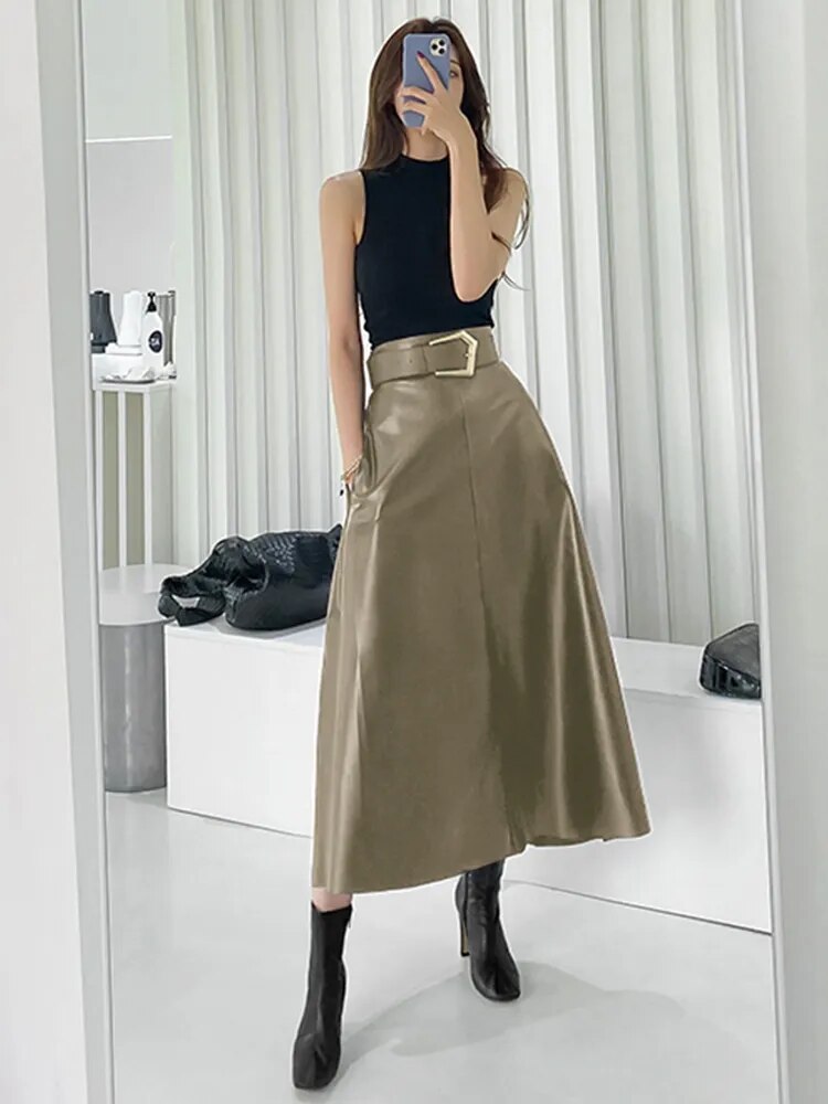 DEAT PU Leather Skirt Women Belt With Sashes Slim High Waist A-line Elegant High Quality Causal Wild 2023 New Autumn HC004