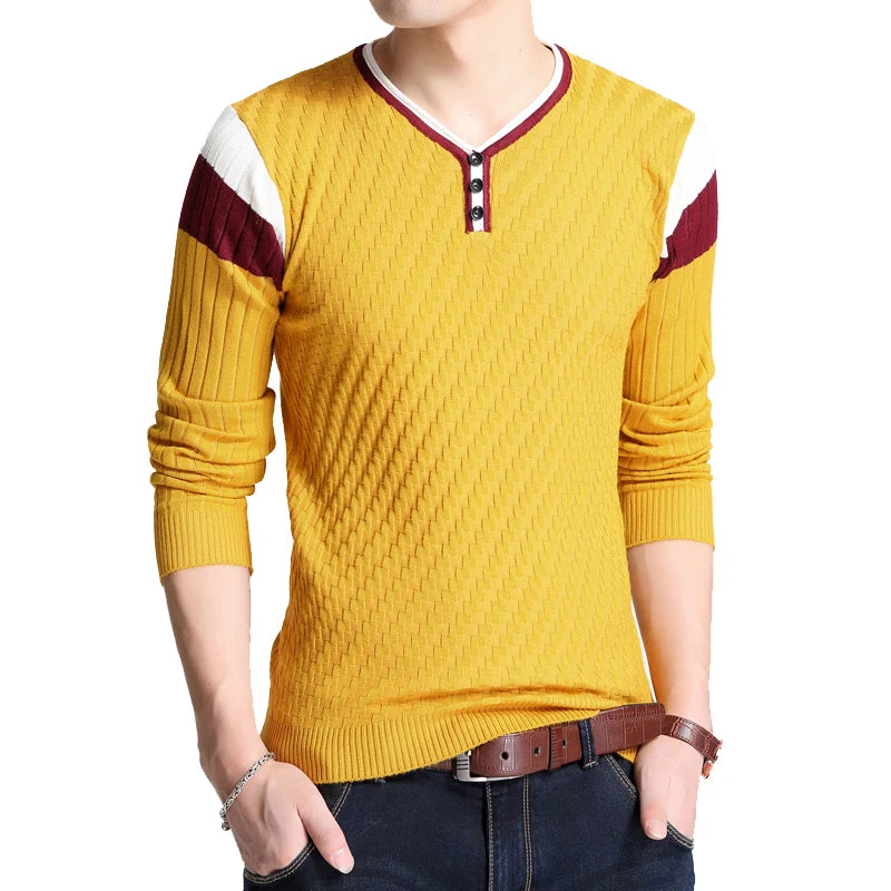 BROWON Brand-sweater Autumn Men's Button V-collar Slim Sweaters Men Elastic Knitted Sweaters Knitted Pullover Men Knitted