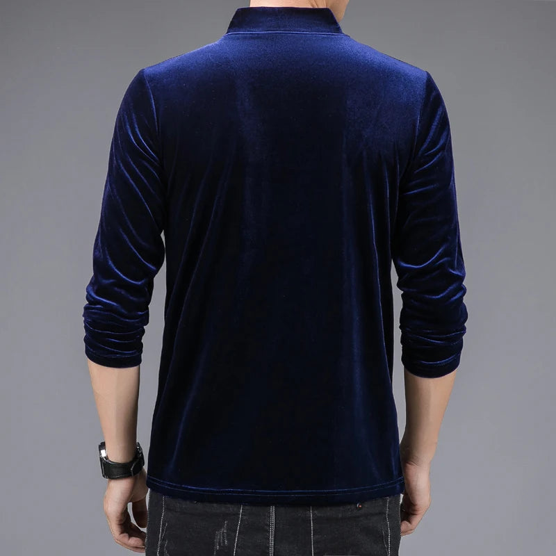 New T-Shirt Men Luxury Gold Velvet V-Neck Tee Shirts Spring Full Sleeve Camisa Masculina Casual Tops Tees Men Clothes T1145