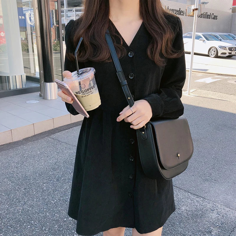 Cute Sweet Dresses Hot Sales Women Fashion Flhjlwoc Retro V Neck Vintage Preppy Style Girls Casual Loose Mini Button Shirt Dress