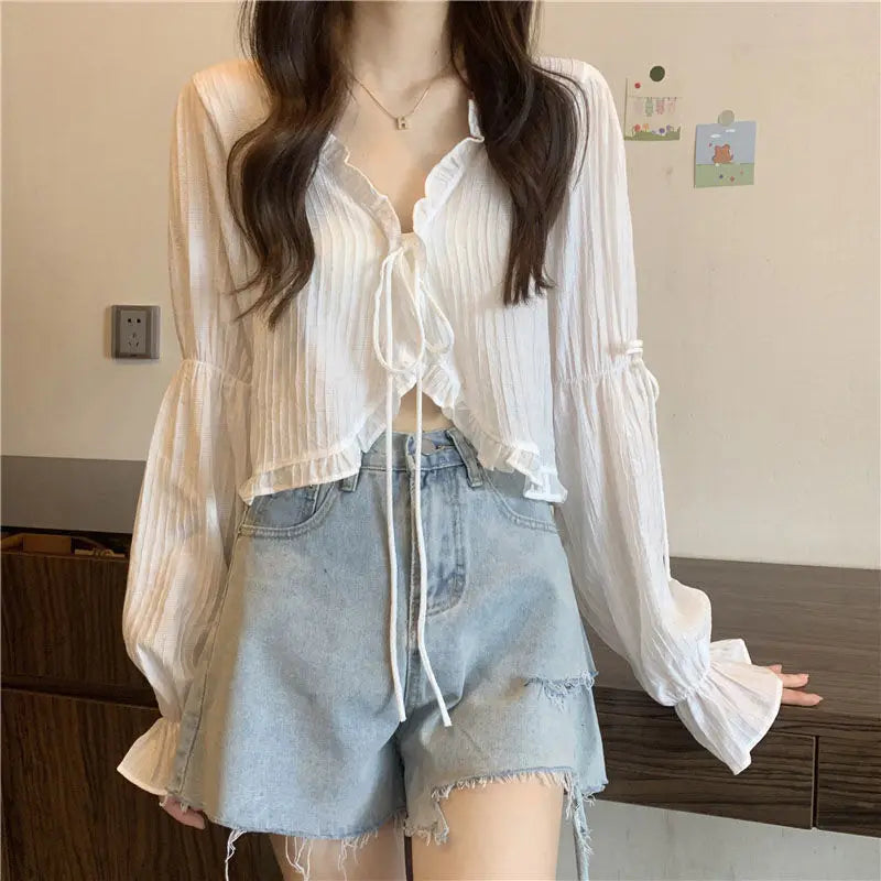 Sweet Ruffle Lace Up Cardigan Women Summer Long Sleeve Sunscreen Jacket Woman Candy-color Chiffon Crop Tops