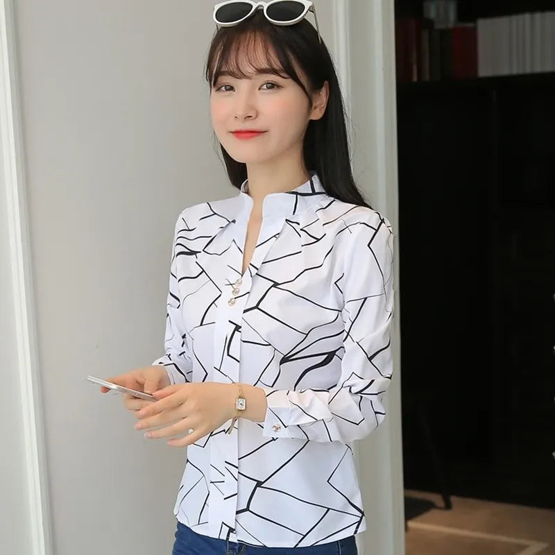 JFUNCY Women White Tops Women's Blouses Fashion Stripe Print Casual Long Sleeve Office Lady Work Shirts Female Slim Blusas