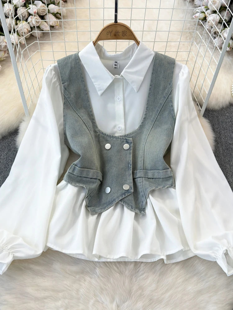 Spring Autumn Women's Vest Two piece Set Long sleeved Waist Lotus Leaf Shirt Two piece Set Denim Vest Tank Top Women's Top ML572