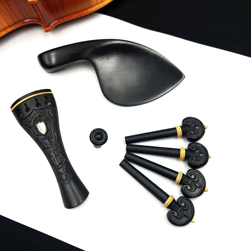 1 set violin 4/4 Carved patterns ebony wood accessories parts fittings,Tailpiece+Tuning pegs+Endpins+Chin rest/Chin Holder