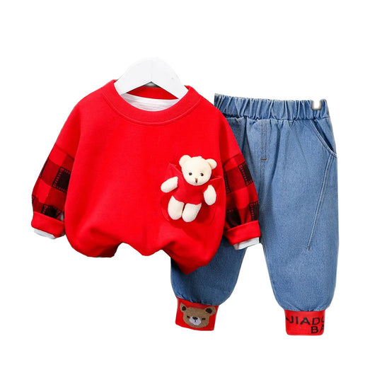 Kids Clothes 1 2 3 4 Years Boys Fashion Bear Ornament T-Shirt + Blue Pants 2 Pieces Long-Sleeves Costume Children Tracksuit