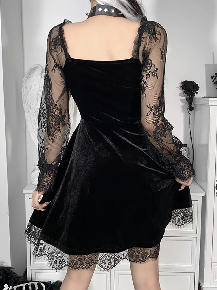 Goth Dark Velour Gothic Aesthetic Vintage Dresses Women's Lace Patchwork Grunge Black Dress Long Sleeve A-line Autumn Partywear