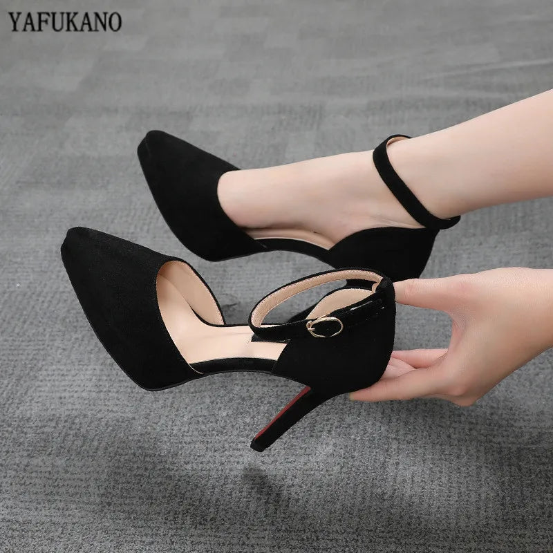 2024 Summer Brand Ankle Straps Womens Sandals 10 Cm Sexy Pointed Toe Platform Pumps Matte Leather Ladies High Heels Size 32 33