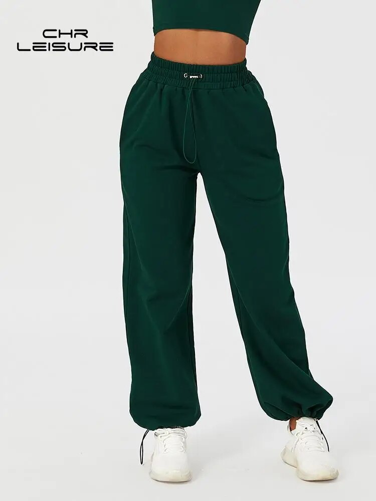 CHRLEISURE High Waist Gym Cargo Pants Women Female Loose Pockets Fashion Oversize Pants Casual Lacing Stretch Sport Trousers