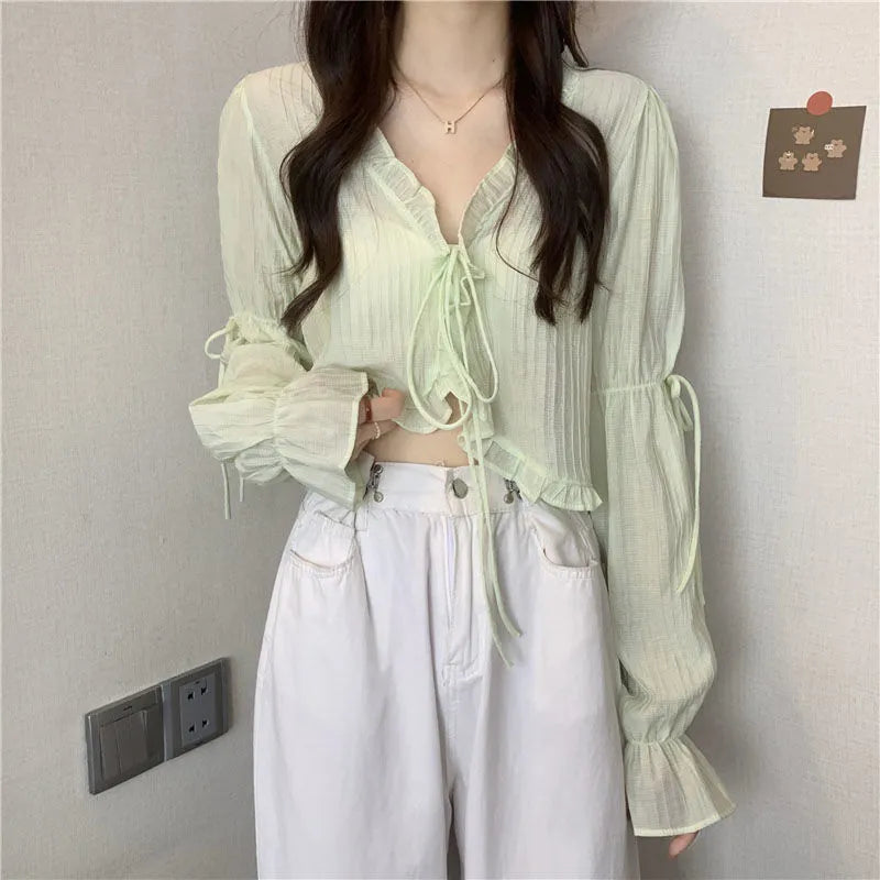 Sweet Ruffle Lace Up Cardigan Women Summer Long Sleeve Sunscreen Jacket Woman Candy-color Chiffon Crop Tops