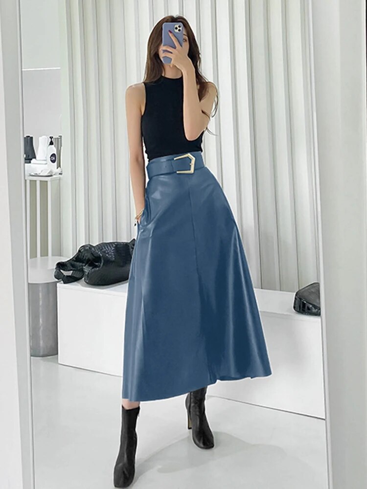 DEAT PU Leather Skirt Women Belt With Sashes Slim High Waist A-line Elegant High Quality Causal Wild 2023 New Autumn HC004