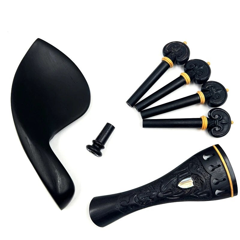 1 set violin 4/4 Carved patterns ebony wood accessories parts fittings,Tailpiece+Tuning pegs+Endpins+Chin rest/Chin Holder