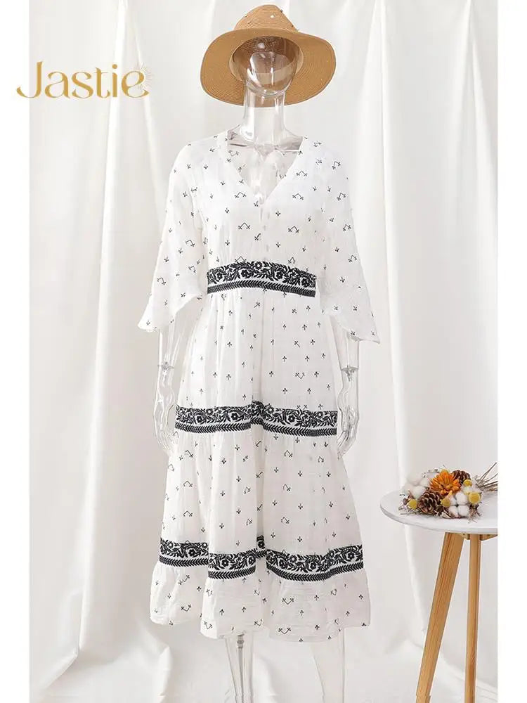 Jastie French White Dress Cotton Embroidered V-neck Elegant Ladies Dress Ruffle Hem Chic Autumn Dress Retro Luxury Brand Dress