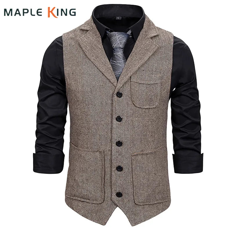 Men Suit Vest 2021Fashion Korean  Multiple Pockets Herringbone Tweed Mens Waistcoat Formal Business Slim Fit Sleeveless Jacket