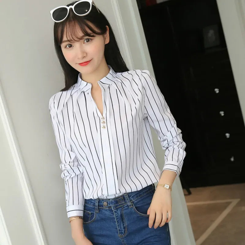 JFUNCY Women White Tops Women's Blouses Fashion Stripe Print Casual Long Sleeve Office Lady Work Shirts Female Slim Blusas