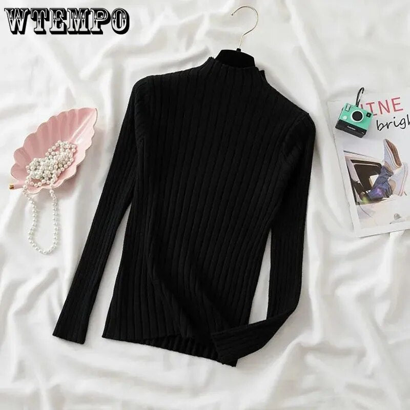 Half Turtleneck Knitted Bottoming Shirt Women's Long Sleeve Slim Pullover Sweater Drop Shipping