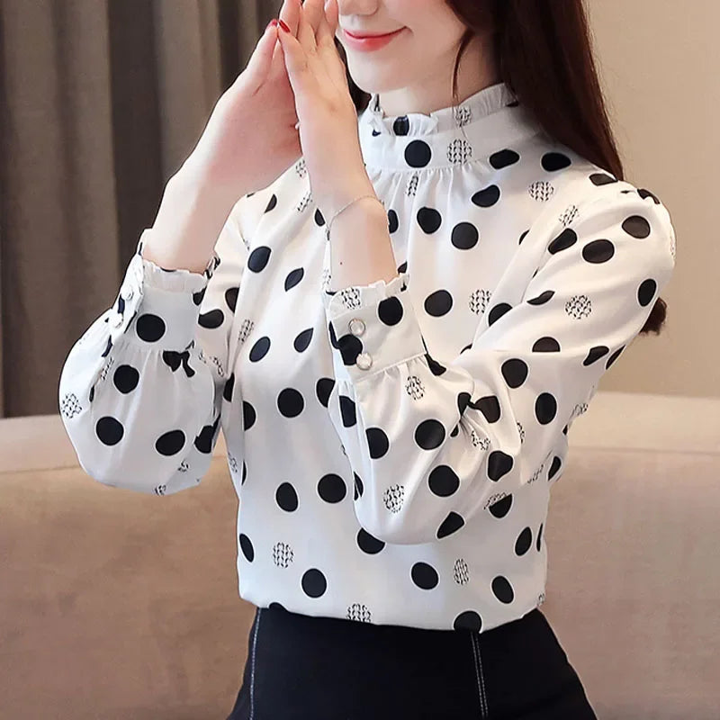 2023 Autumn Fashion Women Chiffon Shirts Long Sleeve Polka Dot Women Blouses Casual Stand Collar Women Tops 6113 50