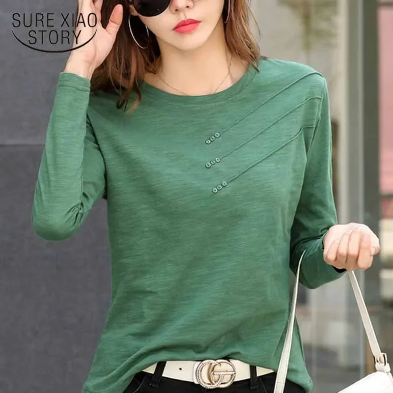 2024 Fashion O-neck Long Sleeve Shirt Women Tops Cotton T-shirt Autumn Solid Loose All-match Office Lady Korean Clothes 10800