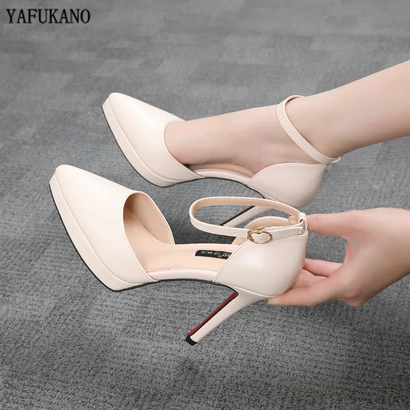 2024 Summer Brand Ankle Straps Womens Sandals 10 Cm Sexy Pointed Toe Platform Pumps Matte Leather Ladies High Heels Size 32 33