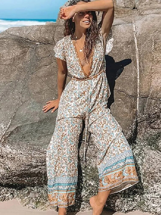 Fitshinling Bohemian Print Long Jumpsuit Wide Legs Pants Cotton Romper Women Deep V Neck Sexy Holiday Summer Playsuits Female