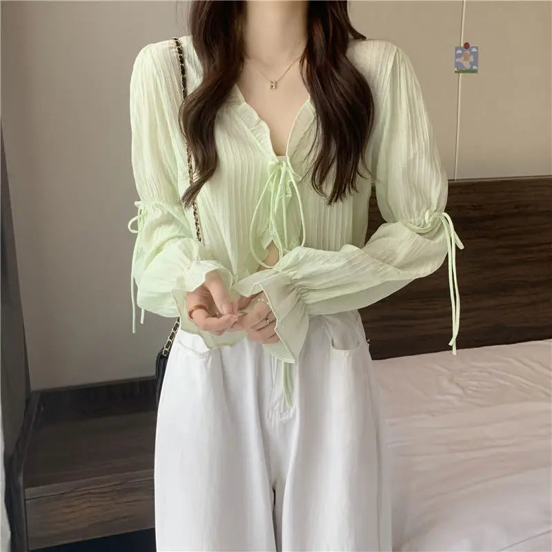 Sweet Ruffle Lace Up Cardigan Women Summer Long Sleeve Sunscreen Jacket Woman Candy-color Chiffon Crop Tops