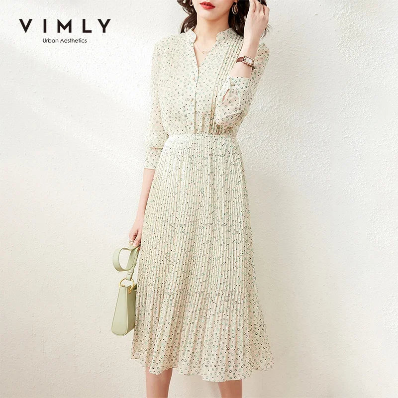 VIMLY Chiffon Midi Dress for Women 2023 Autumn Fashion V Neck Elastic Waist Floral Print Pleated Elegant Dresses Female Vestidos