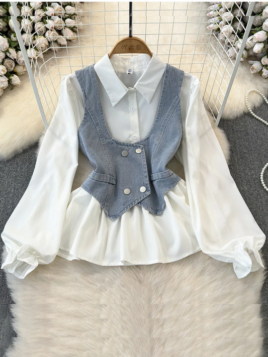 Spring Autumn Women's Vest Two piece Set Long sleeved Waist Lotus Leaf Shirt Two piece Set Denim Vest Tank Top Women's Top ML572