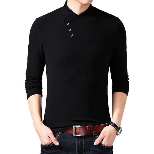 BROWON Spring Fashion Slim Fit T Shirt Men Cotton Tshirt Men Long Sleeve Irregular Collar Solid Color Men Clothes 2023