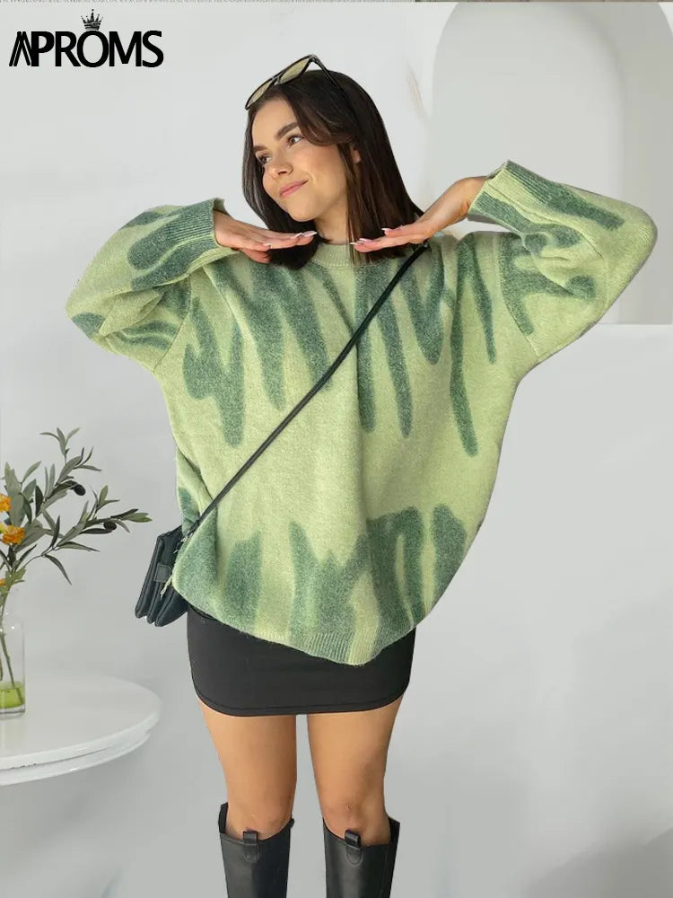 Aproms Elegant Green Striped Print Pullovers Women Winter O-Neck Loose Long Sweaters Streetwear Warm Outerwear 2022