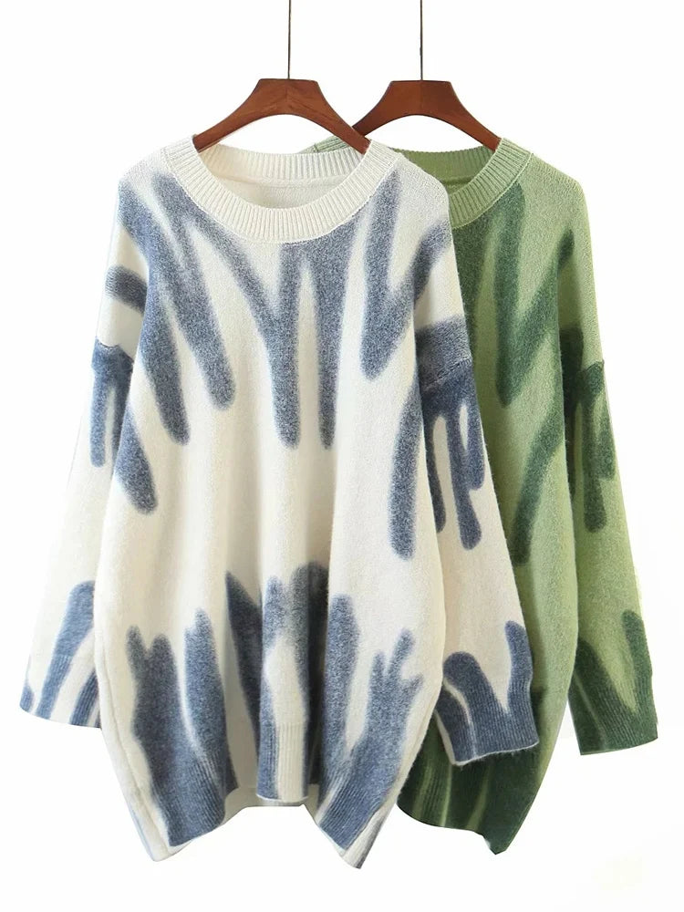 Aproms Elegant Green Striped Print Pullovers Women Winter O-Neck Loose Long Sweaters Streetwear Warm Outerwear 2022