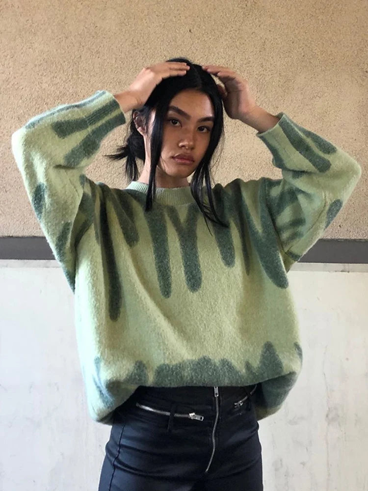 Aproms Elegant Green Striped Print Pullovers Women Winter O-Neck Loose Long Sweaters Streetwear Warm Outerwear 2022